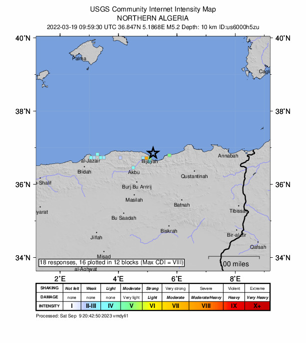 USGS DYFI community-reported intensity map for the M5.2 earthquake near 13 km NE of Bejaïa, Algeria