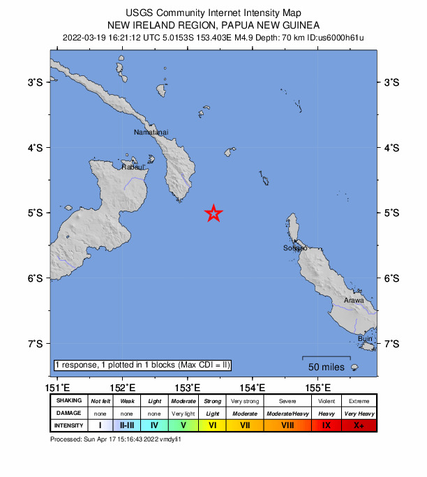 USGS DYFI community-reported intensity map for the M4.9 earthquake near 146 km ESE of Kokopo, Papua New Guinea