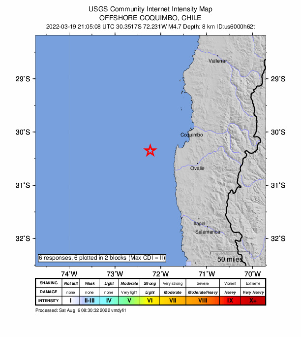 USGS DYFI community-reported intensity map for the M4.7 earthquake near Off the coast of Coquimbo, Chile
