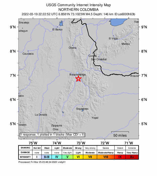 USGS DYFI community-reported intensity map for the M4.5 earthquake near 13 km N of Jordán, Colombia
