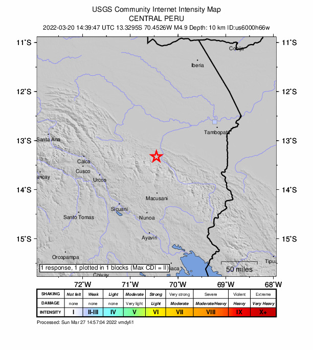 USGS DYFI community-reported intensity map for the M4.9 earthquake near 27 km SSW of Mazuko, Peru