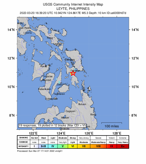 USGS DYFI community-reported intensity map for the M5.3 earthquake near Leyte, Philippines