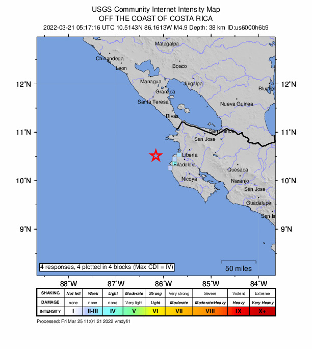 USGS DYFI community-reported intensity map for the M4.9 earthquake near 53 km W of Sardinal, Costa Rica