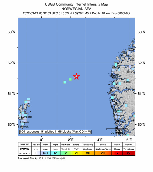 USGS DYFI community-reported intensity map for the M5.2 earthquake near 140 km W of Florø, Norway