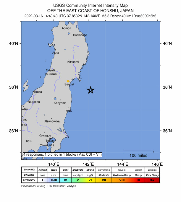 USGS DYFI community-reported intensity map for the M5.3 earthquake near 96 km SE of Ishinomaki, Japan