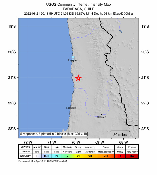 USGS DYFI community-reported intensity map for the M4.2 earthquake near 95 km SSE of Iquique, Chile