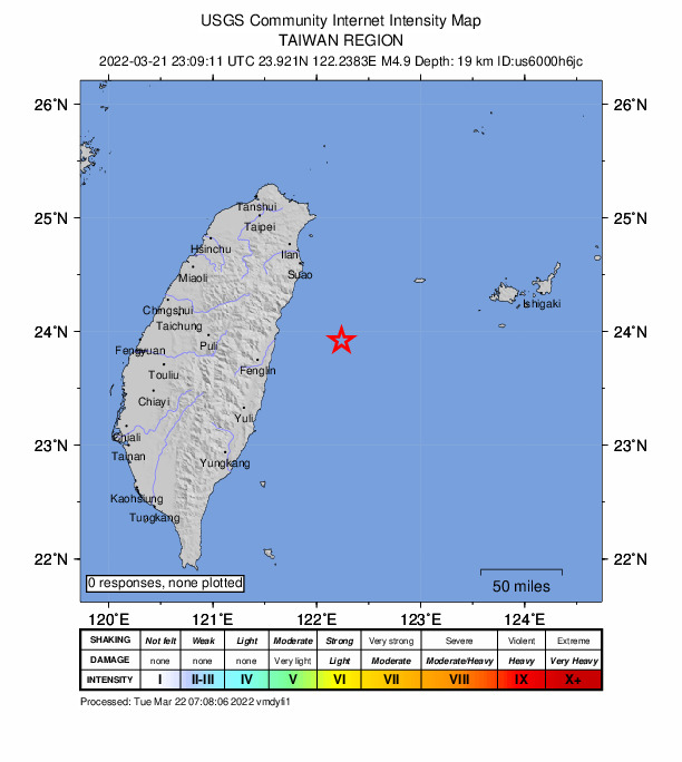 USGS DYFI community-reported intensity map for the M4.9 earthquake near 64 km E of Hualien City, Taiwan