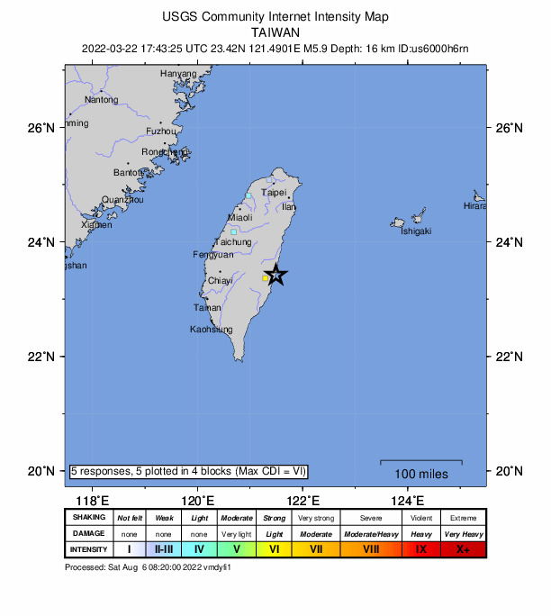 USGS DYFI community-reported intensity map for the M5.9 earthquake near 62 km S of Hualien City, Taiwan