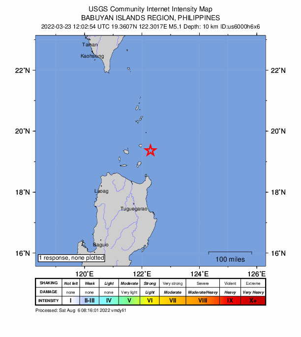 USGS DYFI community-reported intensity map for the M5.1 earthquake near 95 km N of San Vicente, Philippines