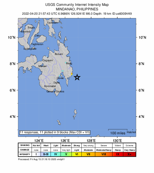 USGS DYFI community-reported intensity map for the M6.0 earthquake near 50 km ESE of Manay, Philippines