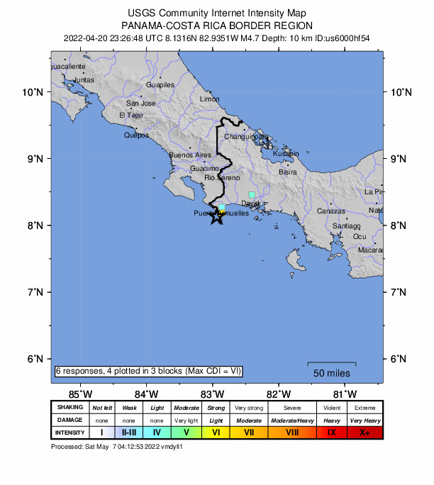 USGS DYFI community-reported intensity map for the M4.7 earthquake near 8 km WNW of Limones, Panama