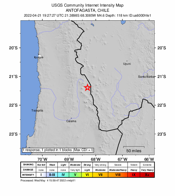 USGS DYFI community-reported intensity map for the M4.6 earthquake near 134 km NNE of Calama, Chile