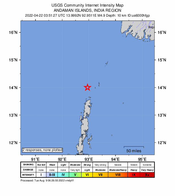 USGS DYFI community-reported intensity map for the M4.9 earthquake near 255 km N of Bamboo Flat, India