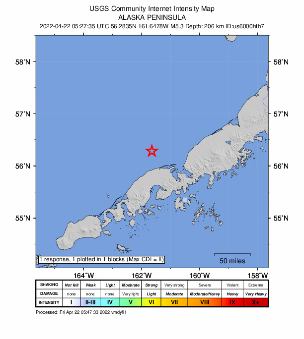 USGS DYFI community-reported intensity map for the M5.2 earthquake near 37 km NW of Nelson Lagoon, Alaska