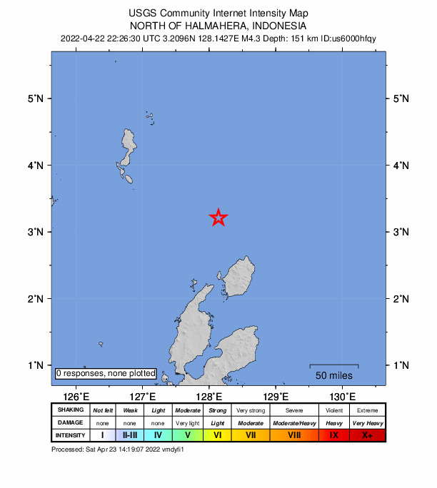 USGS DYFI community-reported intensity map for the M4.4 earthquake near 164 km N of Tobelo, Indonesia