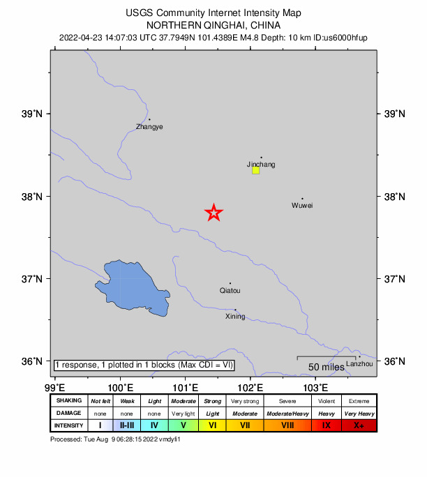 USGS DYFI community-reported intensity map for the M4.8 earthquake near 102 km SW of Jinchang, China