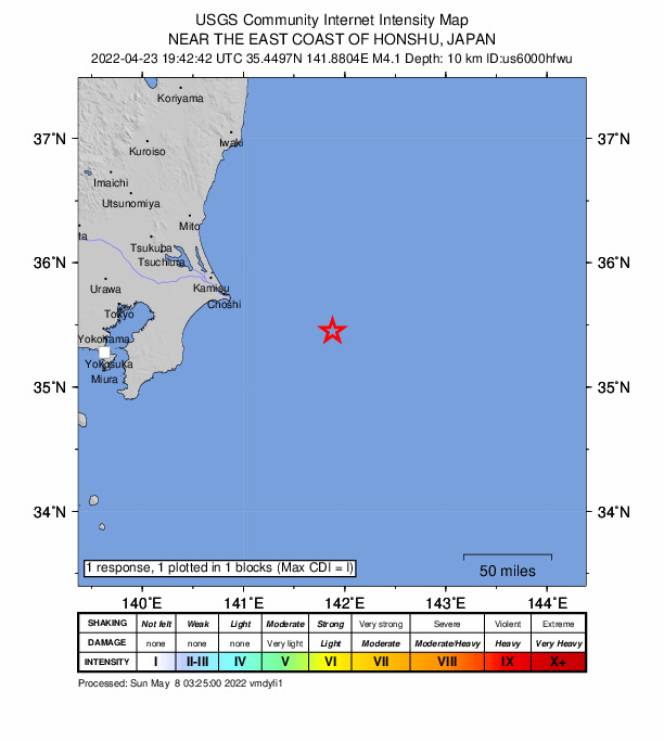USGS DYFI community-reported intensity map for the M4.1 earthquake near 99 km ESE of Hasaki, Japan