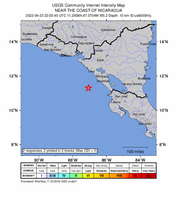 USGS DYFI community-reported intensity map for the M5.2 earthquake near 81 km SW of Masachapa, Nicaragua