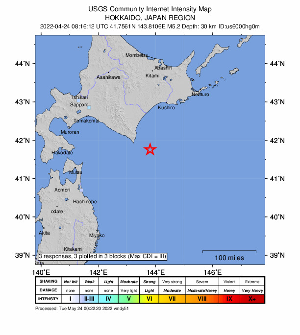USGS DYFI community-reported intensity map for the M5.2 earthquake near 134 km ESE of Shizunai-furukawach?, Japan