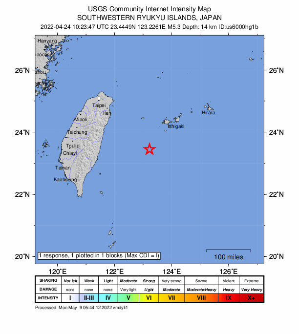 USGS DYFI community-reported intensity map for the M5.3 earthquake near 114 km SSE of Yonakuni, Japan