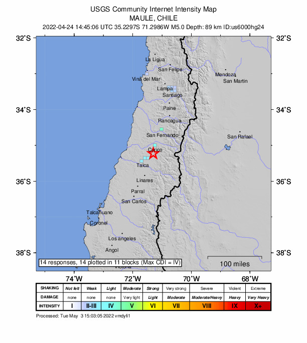 USGS DYFI community-reported intensity map for the M5.0 earthquake near 12 km S of Molina, Chile