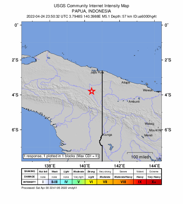 USGS DYFI community-reported intensity map for the M5.1 earthquake near 135 km S of Abepura, Indonesia