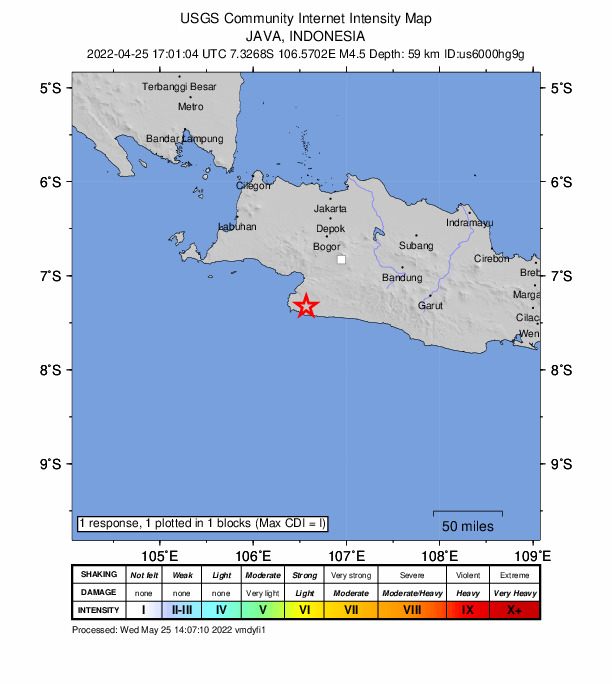 USGS DYFI community-reported intensity map for the M4.5 earthquake near 37 km S of Pelabuhanratu, Indonesia