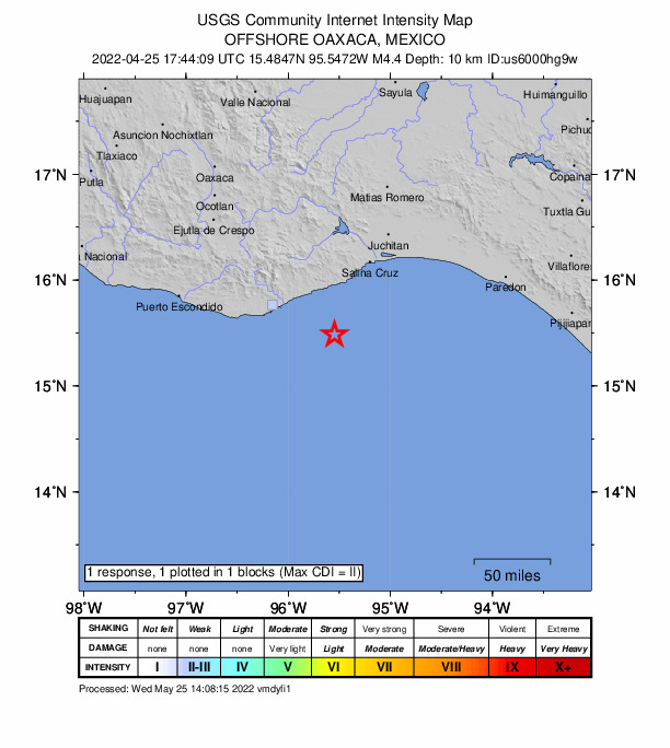USGS DYFI community-reported intensity map for the M4.4 earthquake near 54 km SSE of El Coyul, Mexico