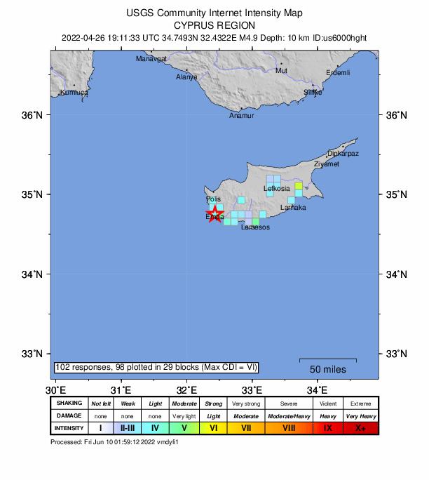USGS DYFI community-reported intensity map for the M4.9 earthquake near 1 km SW of Geroskipou, Cyprus