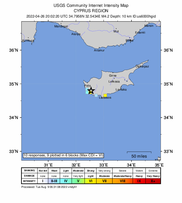 USGS DYFI community-reported intensity map for the M4.2 earthquake near 7 km E of Konia, Cyprus