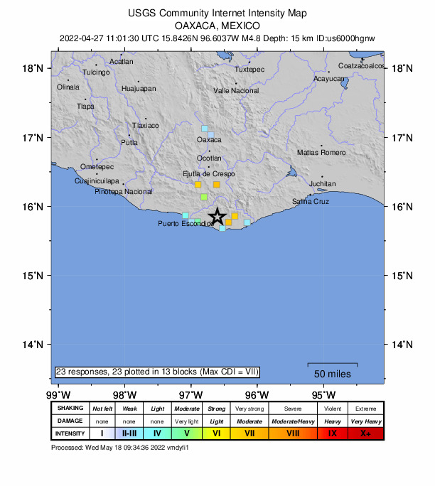 USGS DYFI community-reported intensity map for the M4.8 earthquake near 1 km WNW of San José Piedras Negras, Mexico