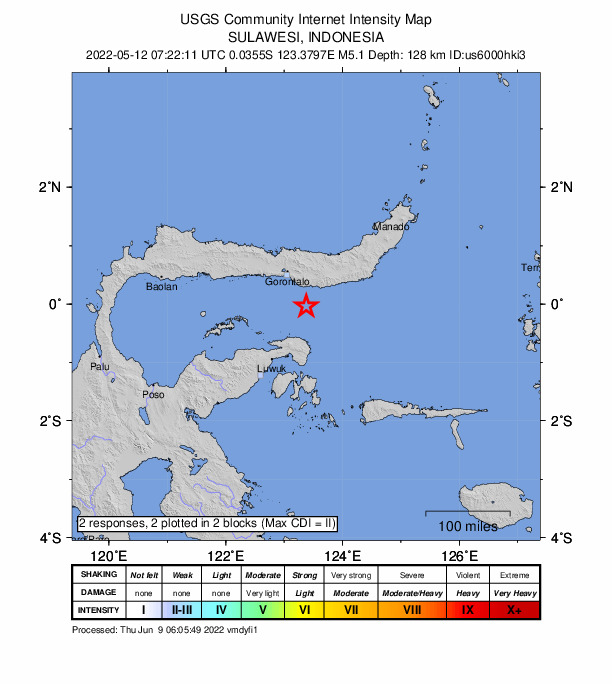USGS DYFI community-reported intensity map for the M5.1 earthquake near 72 km SSE of Gorontalo, Indonesia