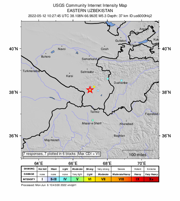 USGS DYFI community-reported intensity map for the M5.3 earthquake near 24 km SW of Boysun, Uzbekistan