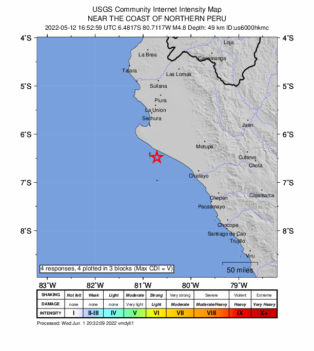 USGS DYFI community-reported intensity map for the M4.8 earthquake near 82 km W of Mórrope, Peru