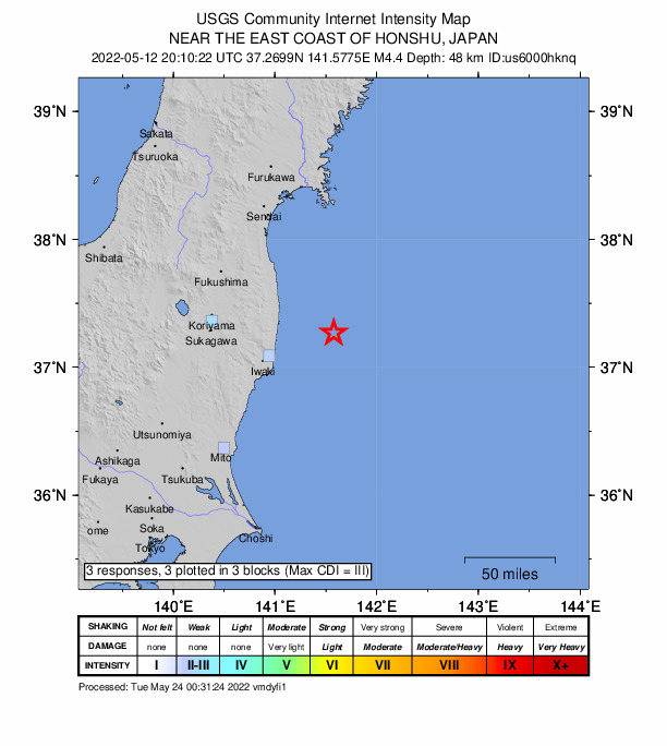 USGS DYFI community-reported intensity map for the M4.4 earthquake near 56 km ESE of Namie, Japan