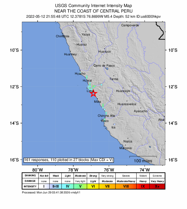 USGS DYFI community-reported intensity map for the M5.4 earthquake near 9 km W of San Bartolo, Peru