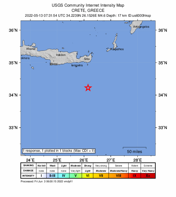USGS DYFI community-reported intensity map for the M4.6 earthquake near 95 km SSE of Ierápetra, Greece