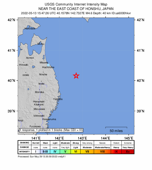 USGS DYFI community-reported intensity map for the M4.6 earthquake near 88 km NE of Miyako, Japan