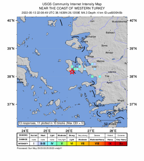 USGS DYFI community-reported intensity map for the M4.3 earthquake near 15 km S of Thymianá, Greece