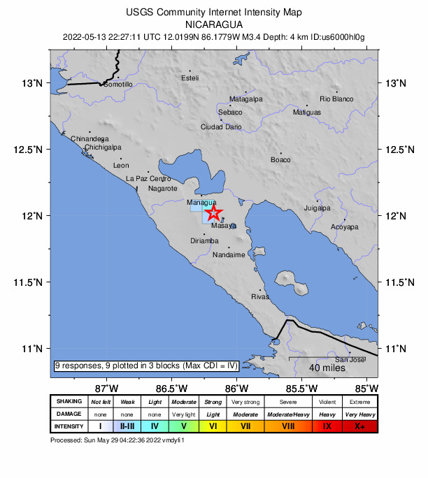 USGS DYFI community-reported intensity map for the M3.4 earthquake near 2 km E of Ticuantepe, Nicaragua