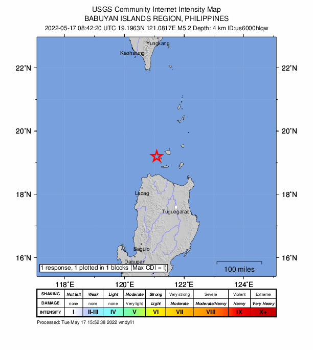 USGS DYFI community-reported intensity map for the M5.2 earthquake near 63 km N of Namuac, Philippines
