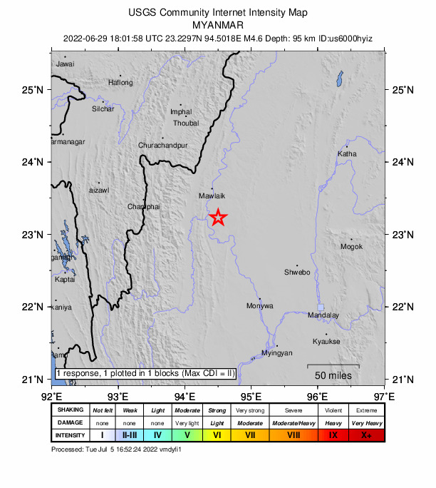 USGS DYFI community-reported intensity map for the M4.6 earthquake near 46 km SSE of Mawlaik, Myanmar