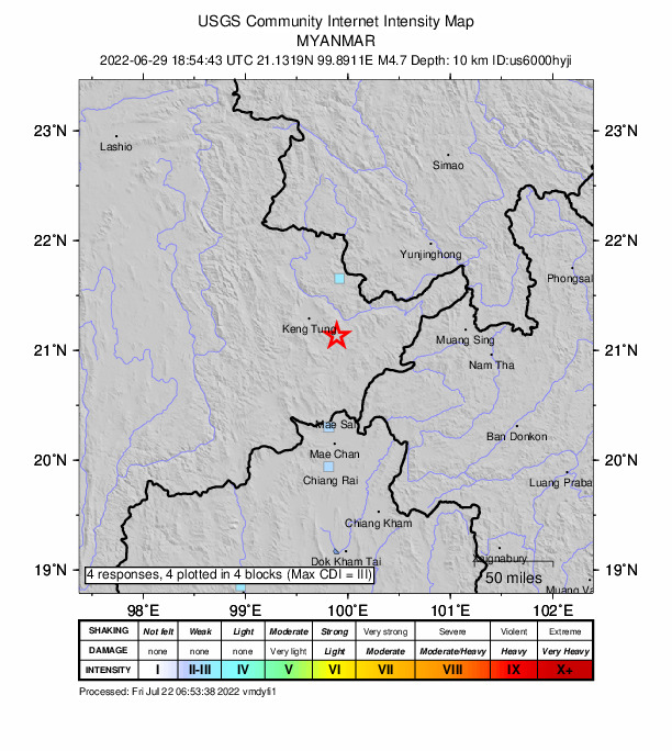 USGS DYFI community-reported intensity map for the M4.7 earthquake near 55 km S of K?ng Tung, Myanmar