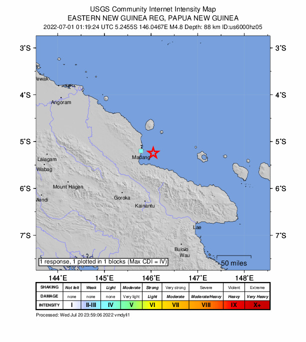 USGS DYFI community-reported intensity map for the M4.8 earthquake near eastern New Guinea region, Papua New Guinea