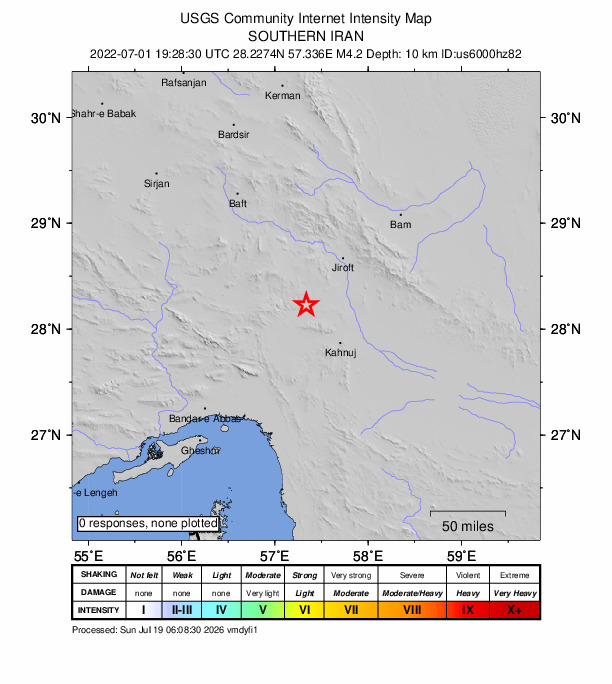 USGS DYFI community-reported intensity map for the M4.2 earthquake near 123 km NNE of M?n?b, Iran
