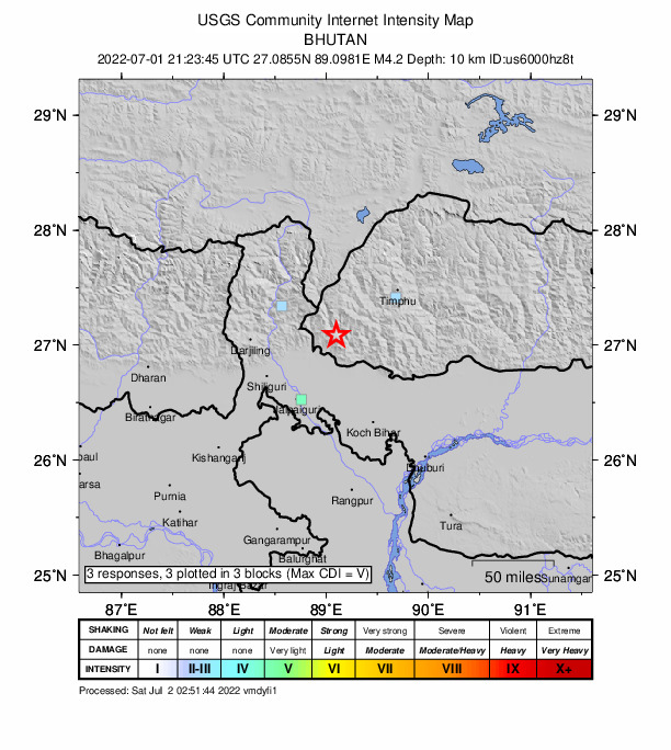 USGS DYFI community-reported intensity map for the M4.2 earthquake near 20 km N of Samtse, Bhutan