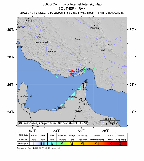 USGS DYFI community-reported intensity map for the M6.0 earthquake near 52 km NE of Bandar-e Lengeh, Iran