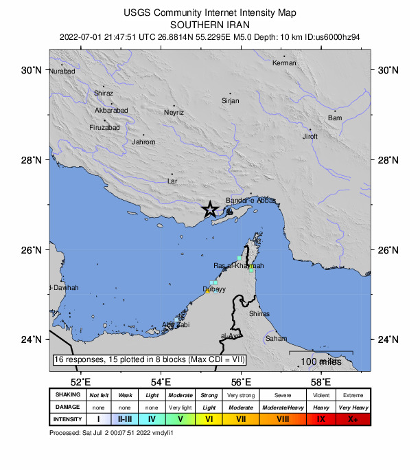 USGS DYFI community-reported intensity map for the M5.0 earthquake near southern Iran