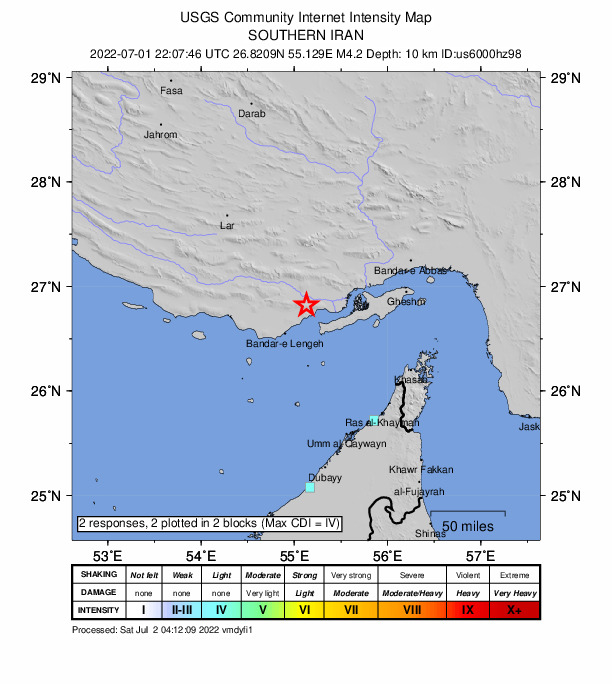USGS DYFI community-reported intensity map for the M4.2 earthquake near 40 km NE of Bandar-e Lengeh, Iran