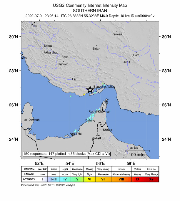 USGS DYFI community-reported intensity map for the M6.0 earthquake near 57 km NE of Bandar-e Lengeh, Iran